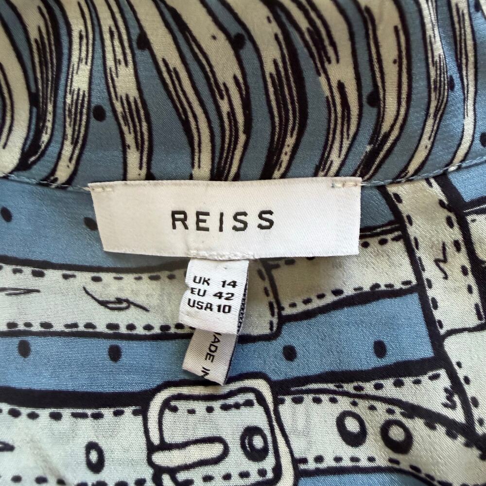 REISS Women’s Sally Printed Cuban Collar Blouse Blue Equestrian Sz US 10 ALTERED - Picture 2 of 10
